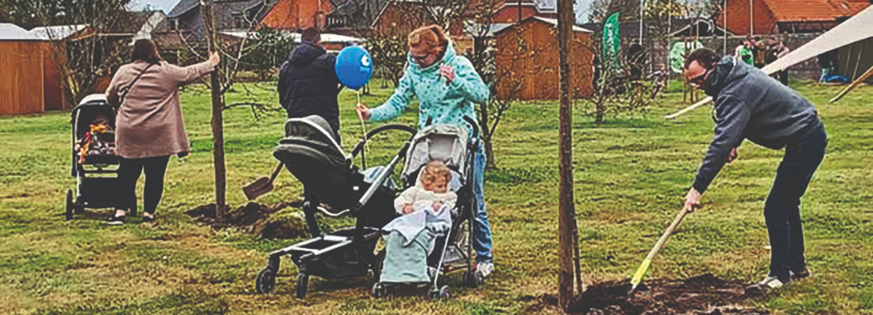 Gezinnen planten jonge bomen in een geboortebos, met kinderwagens en kinderen op de achtergrond.