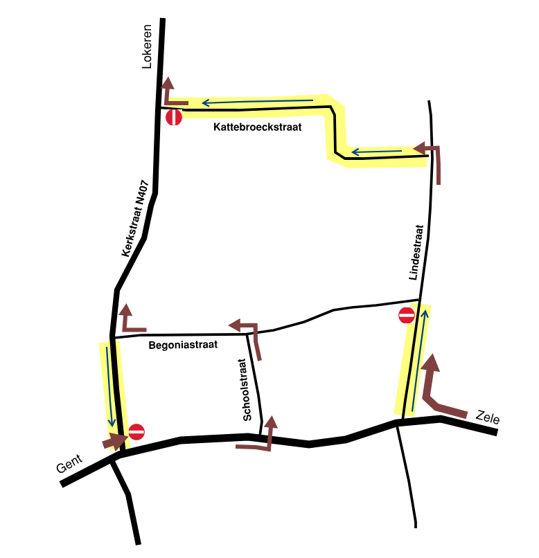 Visual van de tijdelijke verkeersstromen als gevolg van de werken in de Kerkstraat