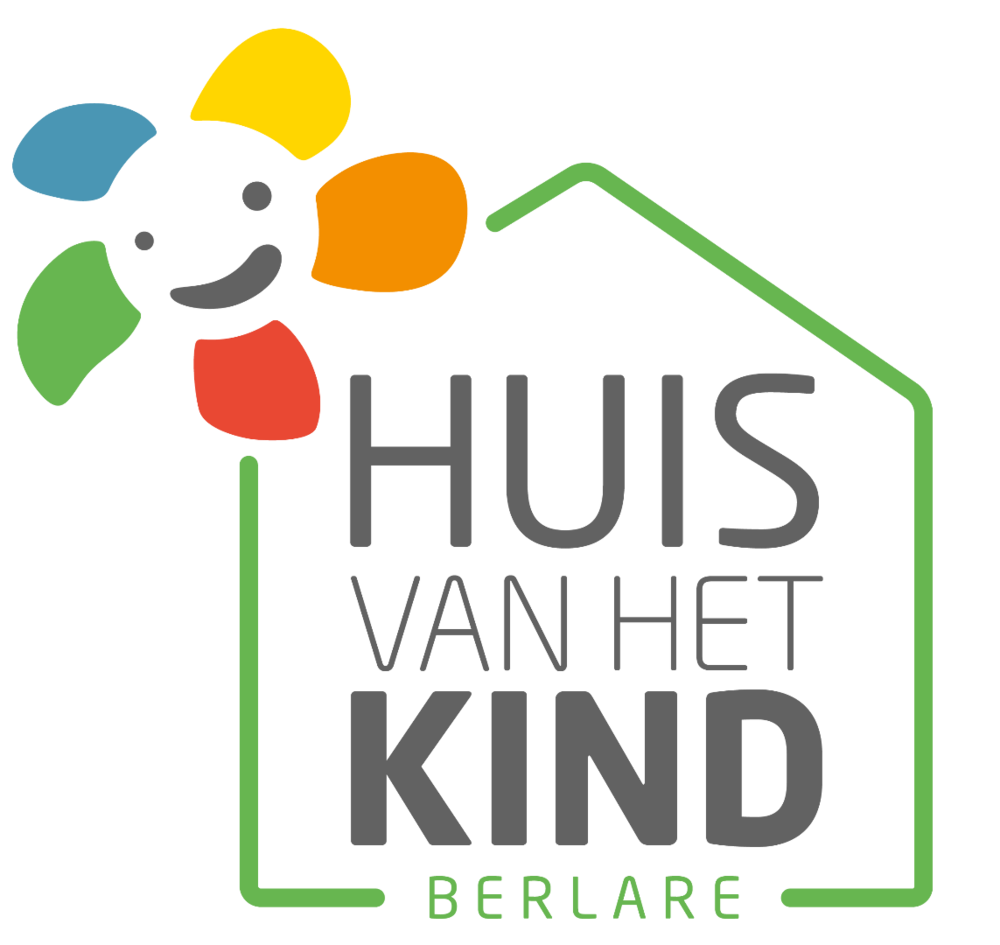 Logo van Huis van het Kind Berlare met een kleurrijke figuur en een groene huiscontour.